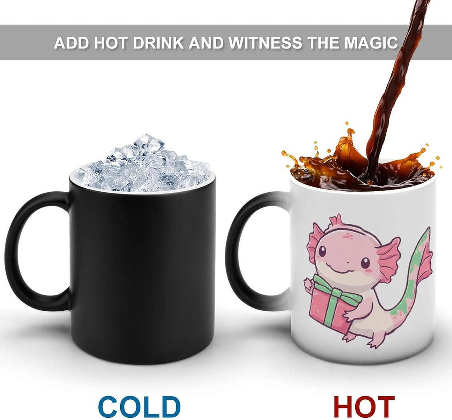 Axolotl Holding A Present Color Changing Mug Heated Ceramic Cup Heat Sensitive Coffee Mug Fun Gift