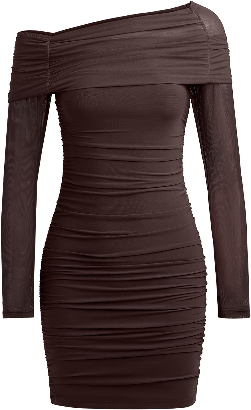 REORIA Women's Sexy Off Shoulder Long Sleeve Ruched Bodycon Mini Dress Mesh Sheer Cocktail Club Party Fall Dresses 2025 - Image 7