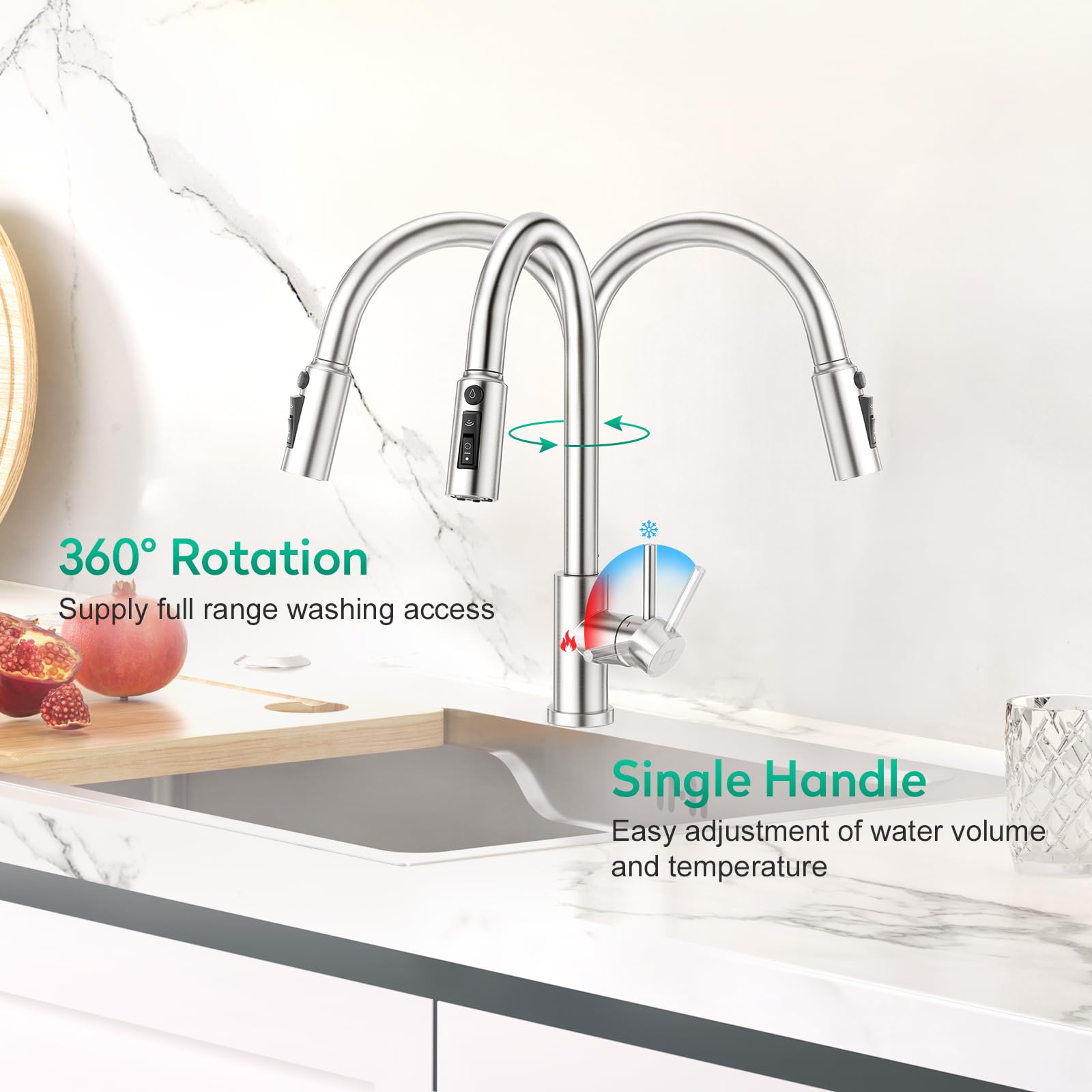 CREA 3 Wege Küchenarmatur mit Brause, Drei Wege Wasserhahn Küche Ausziehbar, 360° Drehbar 3 Wege Mischbatterie, Einhand Trinkwasserhahn, 3 in 1 Spültischarmatur, 3 Wege Armatur,Edelstahl Gebürstet