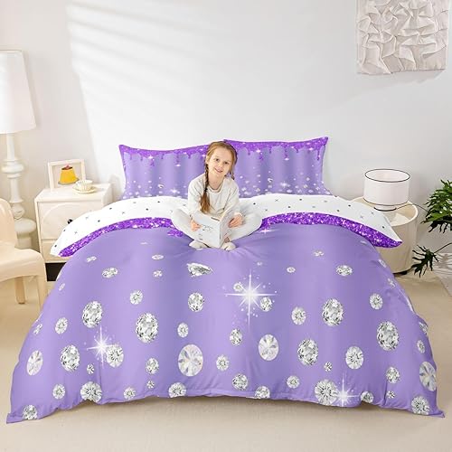 Miniatura 4 de Feelyou Juego de ropa de cama con estampado plateado con purpurina (sin purpurina), decoración de fiesta, funda de edredón morada para niñas, funda