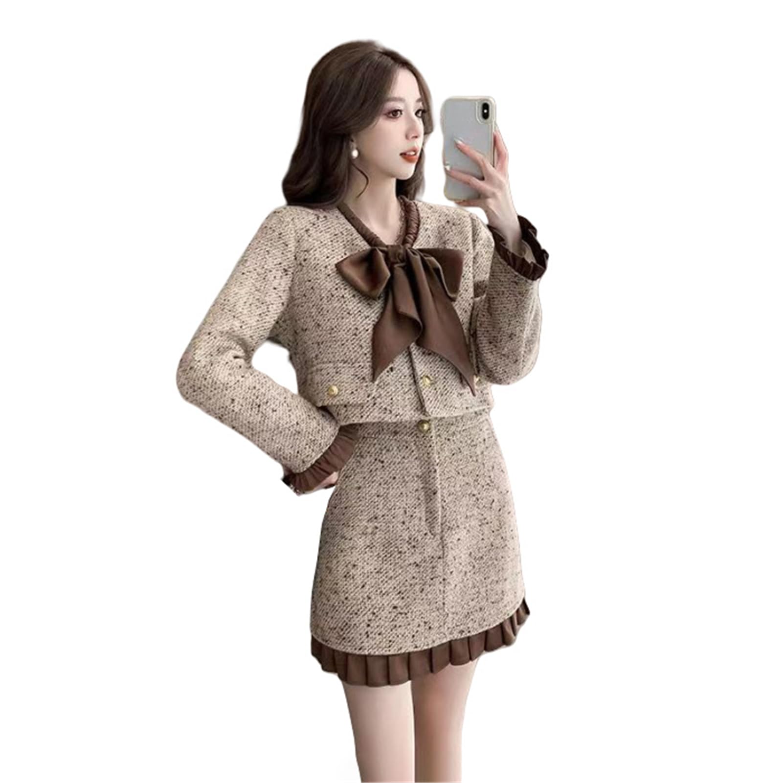 JYHBHMZG Womens Spring Autumn Tweed Style Bow Tweed Short Jacket Skirt Set Two Piece