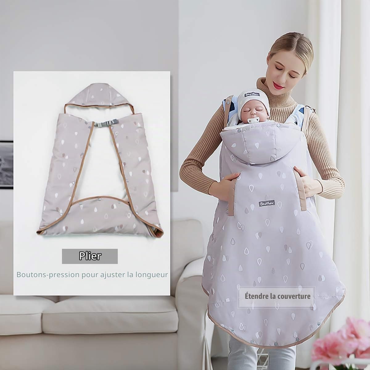 SONARIN Universel Housse Toutes Saisons pour porte-bébé,Housse de Protection, doublure détachable,Coupe vent,Imperméable,Housse d'hiver(Gris Clair)