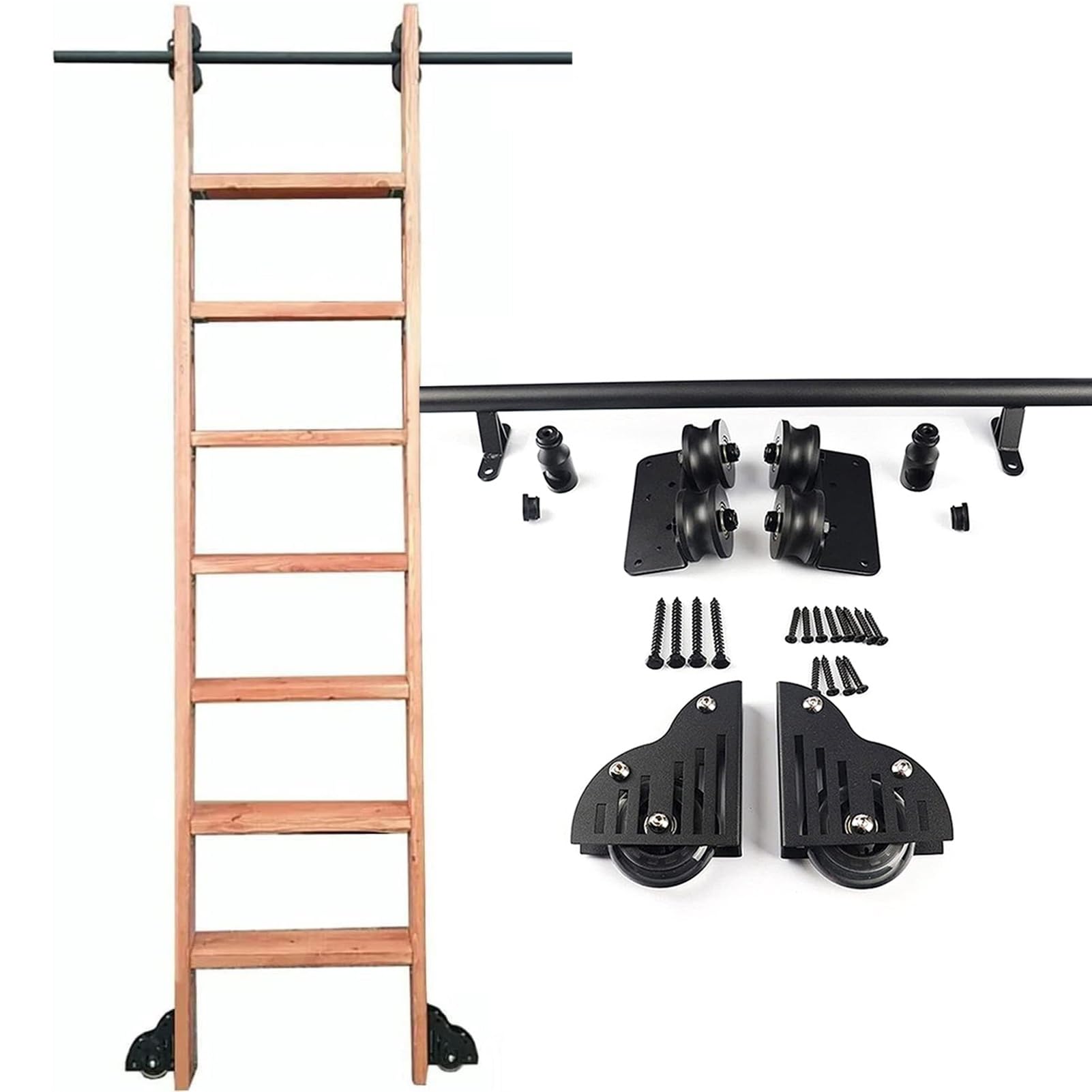DONGGANSHI Sliding Library Ladder Hardware Kit,Rolling Ladder Hardware with Braking Wheels,Black Steel Mobile Ladders Track/Rail for Bookshelves/Kitchen/Loft(12ft/366cm Track kit)