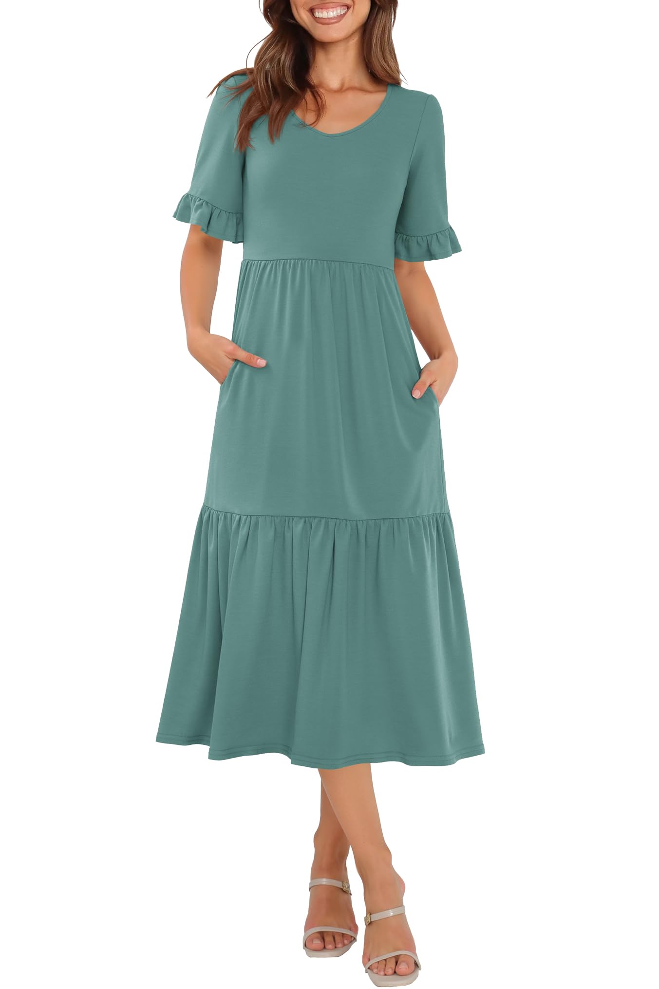 LUXVEER Womens Casual Summer Dress Casual Ruffle Short Sleeve V Neck A Line Flowy Tiered Beach Maxi Dresses with Pockets