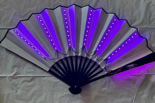 LED Light-Up Folding Fan, White Paper with Black Frame, Battery-Powered Illuminated Hand Fan (Red Lights)