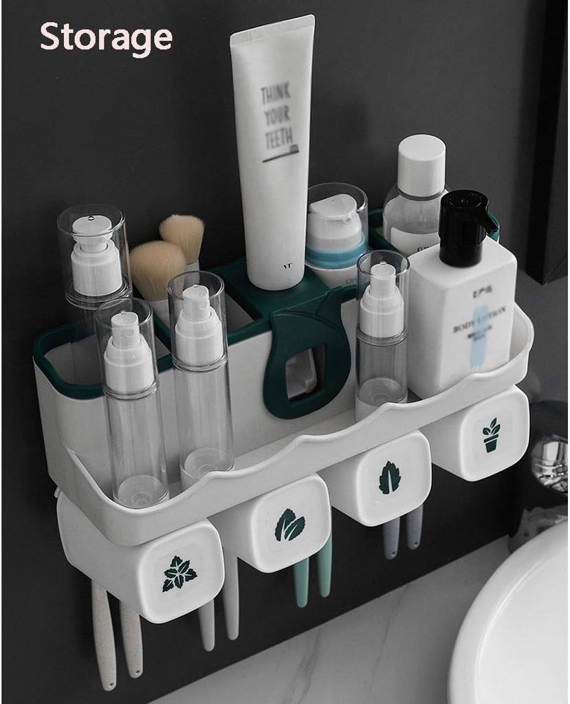 Wall Mounted Toothbrush Holder Toiletry Items Storage Holder Toothpaste Holder with Dispenser Toothbrush Storage Set with 4 Rinse Mouth Cups
