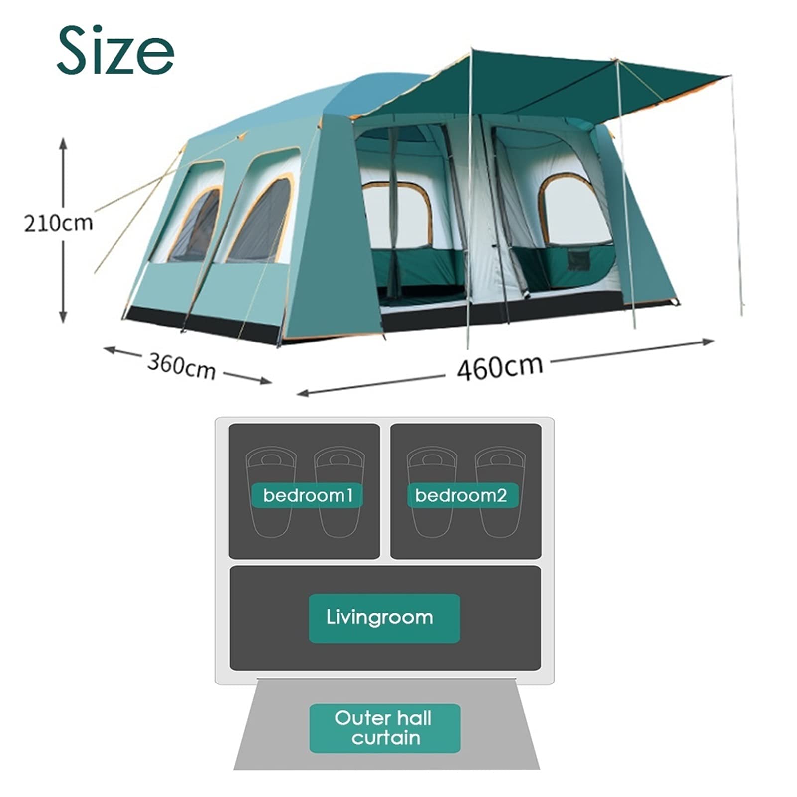 Großes Zelt, Campingzelt für 8–12 Personen, wasserdichtes, winddichtes Familienzelt mit Regenschutz Oben, Outdoor-Campingzelt, Doppellagiges Zelt – ultragroßes Kuppelzelt mit Sichtschutzraum