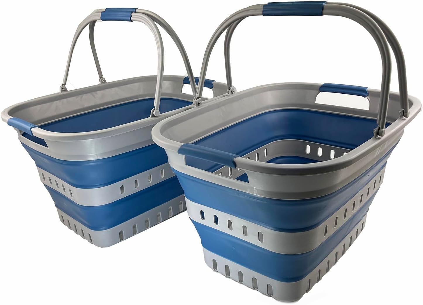 SAMMART Collapsible Laundry Basket with Handles 35L (9.25 Gallons) - Portable Outdoor Picnic Basket/Crate - Foldable Basket for Camping (Grey/Mist Blue (Set of 2))