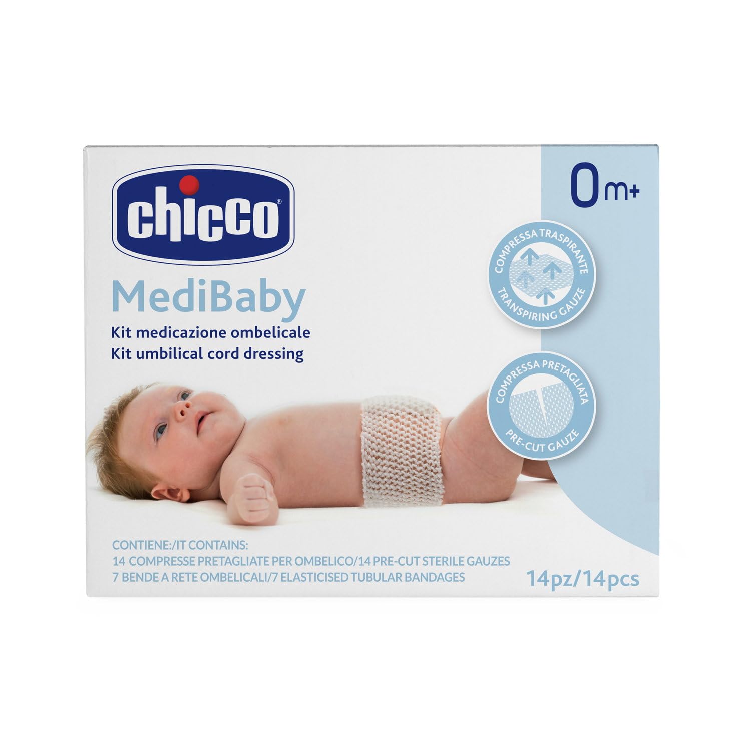 Chicco Kit Medicazione Ombelicale, Set 14 Compresse Pretagliate per Ombelico e 7 Bende a Rete, Permette di Fissare e Rimuovere la Medicazione con Facilità, Compressa Traspirante, Set 21 Pezzi, 0+ Mesi