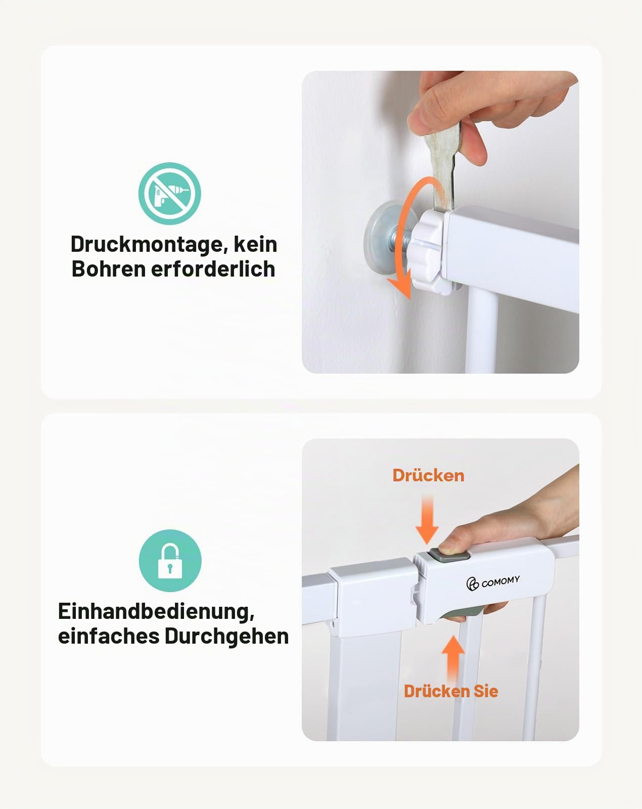 COMOMY 107 cm Extra Hoch Türschutzgitter, 75-110 cm Breit Treppenschutzgitter ohne Bohren, Türgitter für Baby, Kinder, Hund und Katze, Metall, Automatisches Schließen, 90°Stop (Weiß)