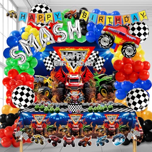 Monster Truck Birthday Party Decorations for Boys - Racing Balloon Arch kit Checkered Balloon Monster Truck Birthday Banner Backdrop Tablecloth Cake and Cupcake Toppers
