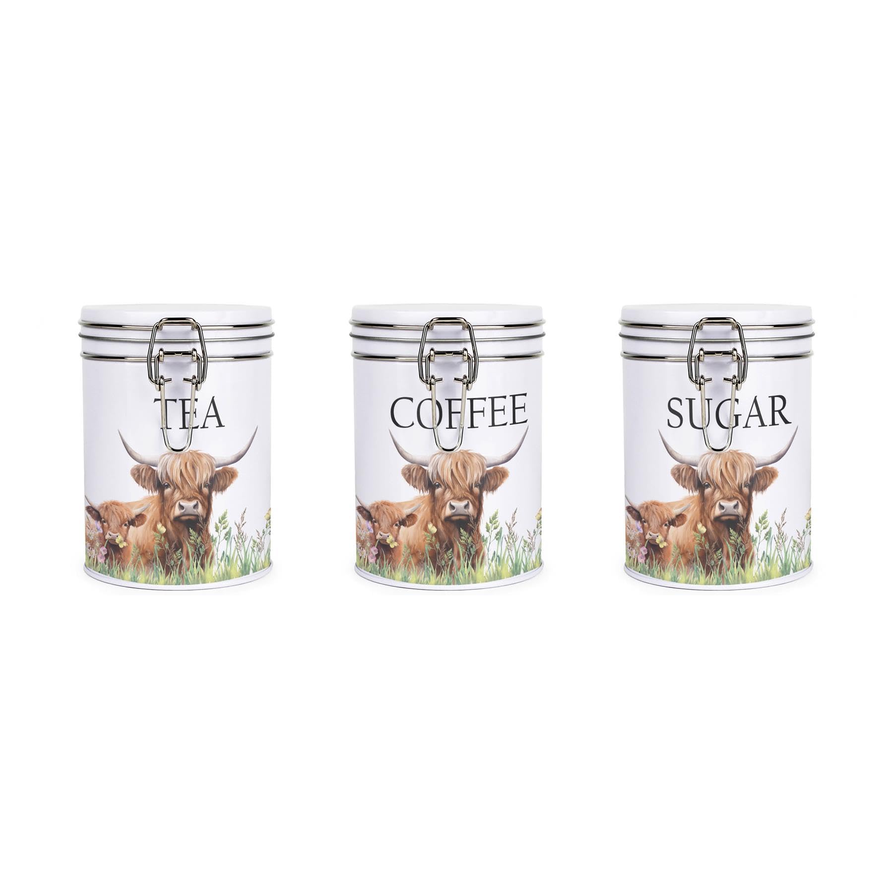 Purely Home White Highland Cow & Calf Tea Coffee Sugar Canister Set - Farmyard Animals Themed Farmhouse Décor Gifts - Set Of 3 Metal Clip Lid Kitchen Storage Jars/Containers 700Ml (13Cm X 9.5Cm)