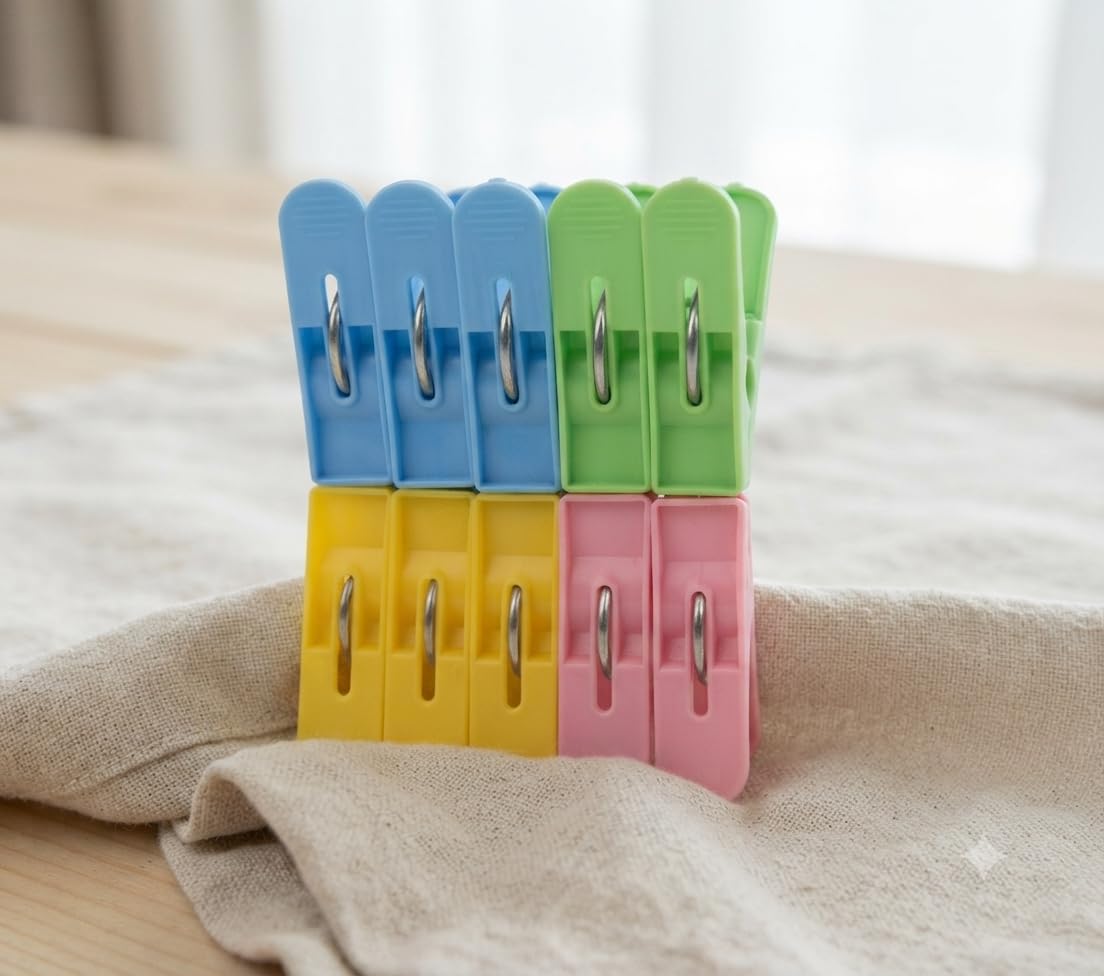 Plastic Clothes Pegs with Metal Spring, Pack of 8+4 Pics | Multicolour Set, Laundry Clips, Strong Metal Spring, Blue Green Yellow Pink, Drying Clips-image-7