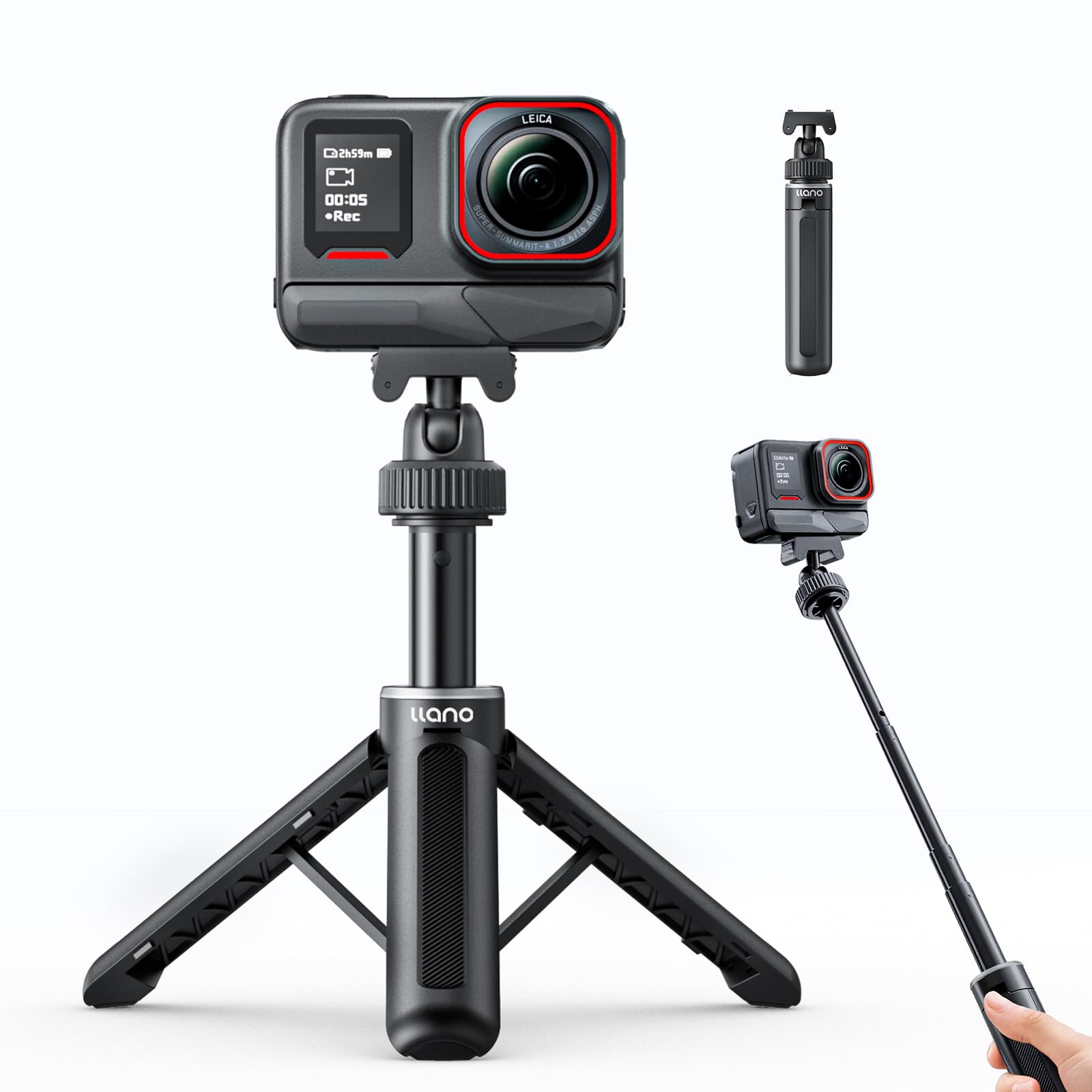llano 40 cm Magnet-Action-Kamera-Stativ für Insta 360 Ace pro 2/1, X5/X4, Mini-Stativ mit Magsafe-Schnellwechseladapter, Kleiner Selfie-Stick, 360°-Kugelkopf, tragbar, Leichtgewicht, Schwarz