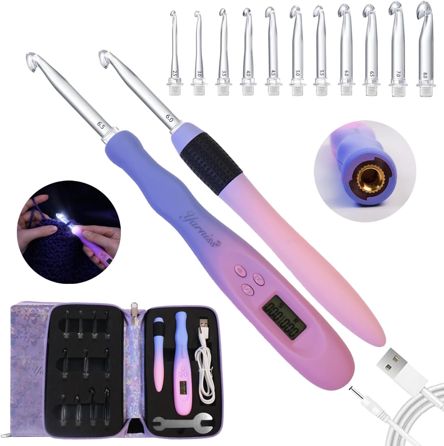 Yarniss Light Up Crochet Hooks with Upgrade Screw Knob Handle,11 Size Lighted Crochet Needle with Counter 2.5~8.0mm,Glow in Dark Crochet Hooks with Gradiant Ergonomic Handle