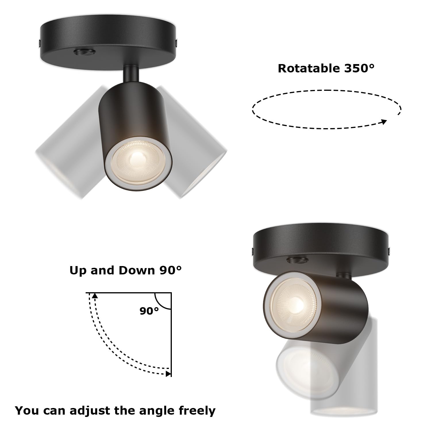 2-Pack Directional Flush Mount Spot Light Dimmable Ceiling Spotlight Indoor LED Spot Lights Adjustable Wall Spotlight Focus Light Accent Light Fixture for Living Room, Black, 3000K (GU10 Bulb)