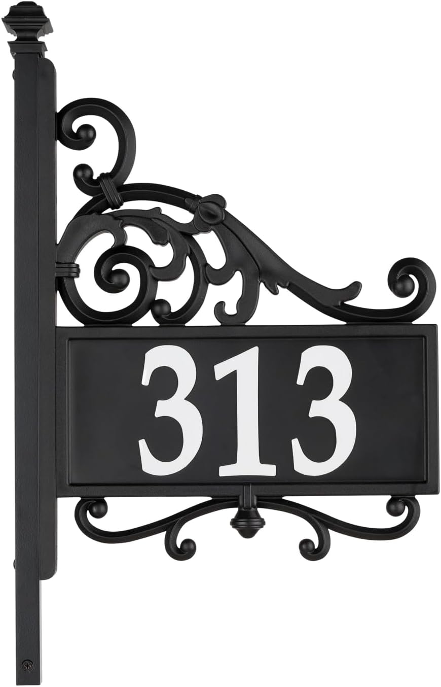 Comfort House Address Plaque With Reflective House Numbers Wrought Iron Look, Two Sided House Sign With Post For Yard or Lawn Mount # P3317
