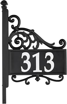 Comfort House Address Plaque With Reflective House Numbers Wrought Iron Look, Two Sided House Sign With Post For Yard or Lawn Mount # P3317