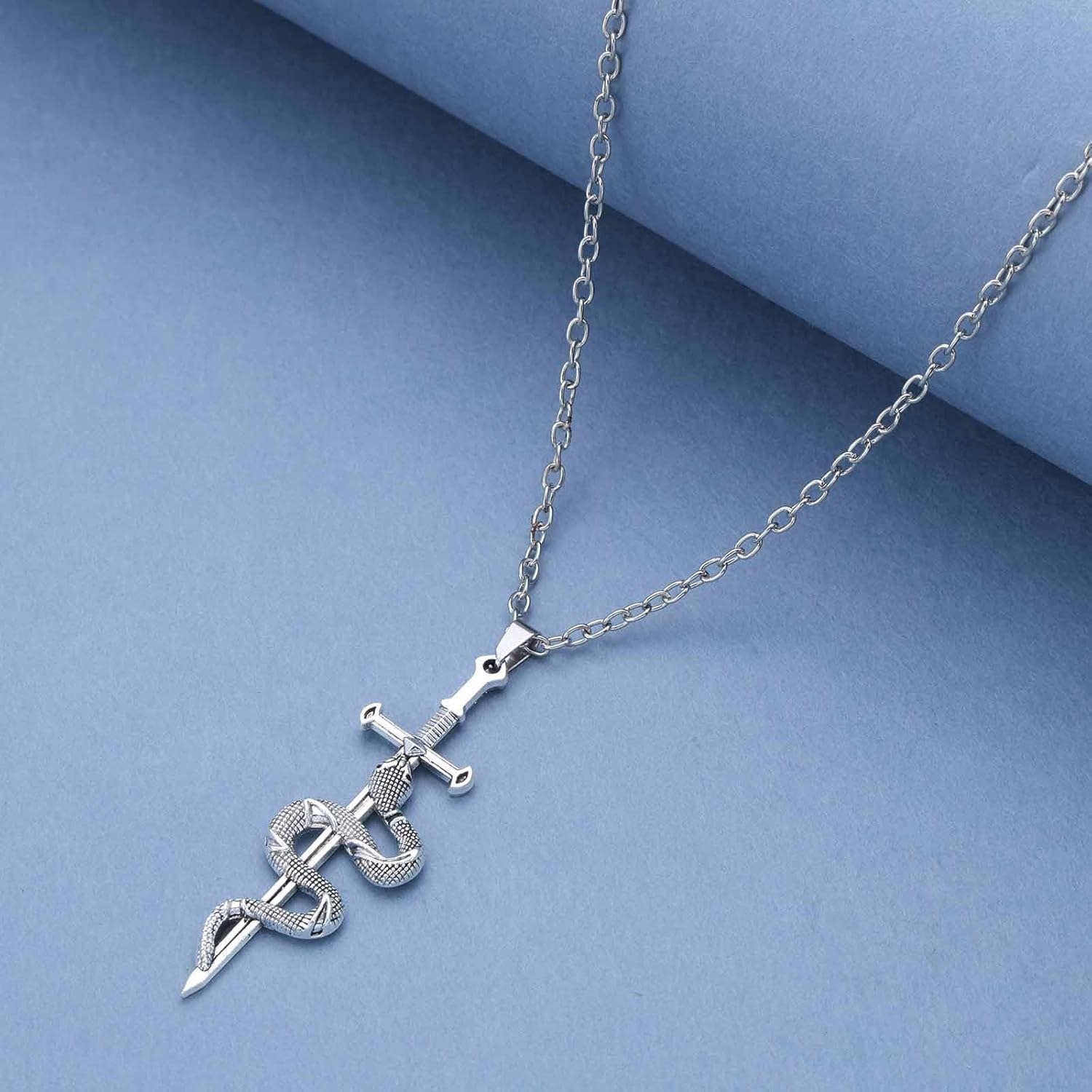 YienDoo Punk Snake Necklace Silver Vintage Sword Cross Pendant Necklace Unique Matching Sword Through Serpent Necklace Gothic Dagger Knife Animal Snake Necklaces Jewelry for Women - Image 4