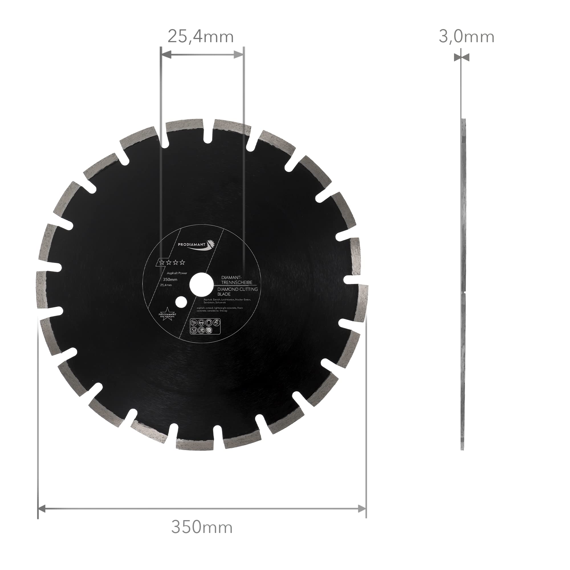 PRODIAMANT Disco de corte diamantado 350 mm x 25,4 mm abrasivo para asfalto, solado, hormigón ligero, hormigón fresco, arenisca y arcilla refractaria