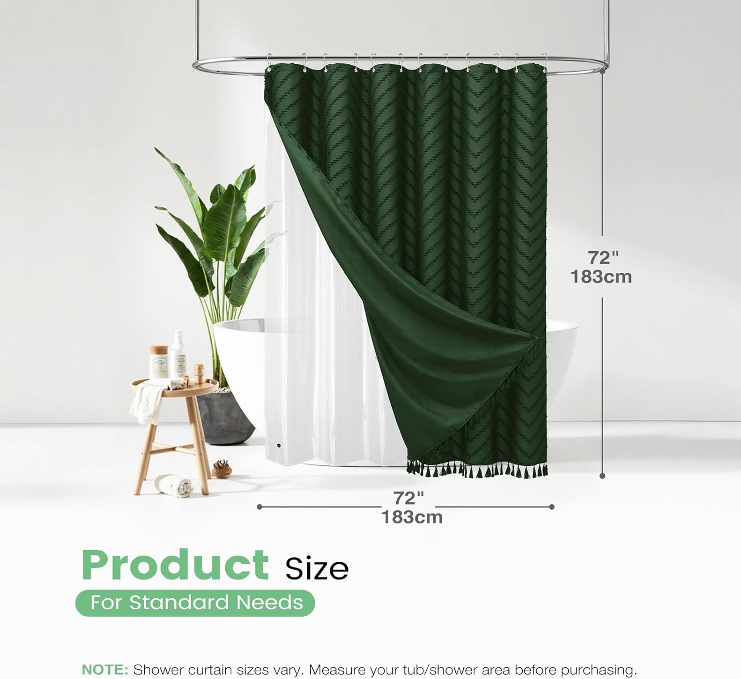 Dynamene Boho Shower Curtain and Liner Set, Tufted Chevron Textured Tassel Shower Curtains for Bathroom and Waterproof Liner with Hook, 72" W x 72" L (Pack of 1), Dark Green 1