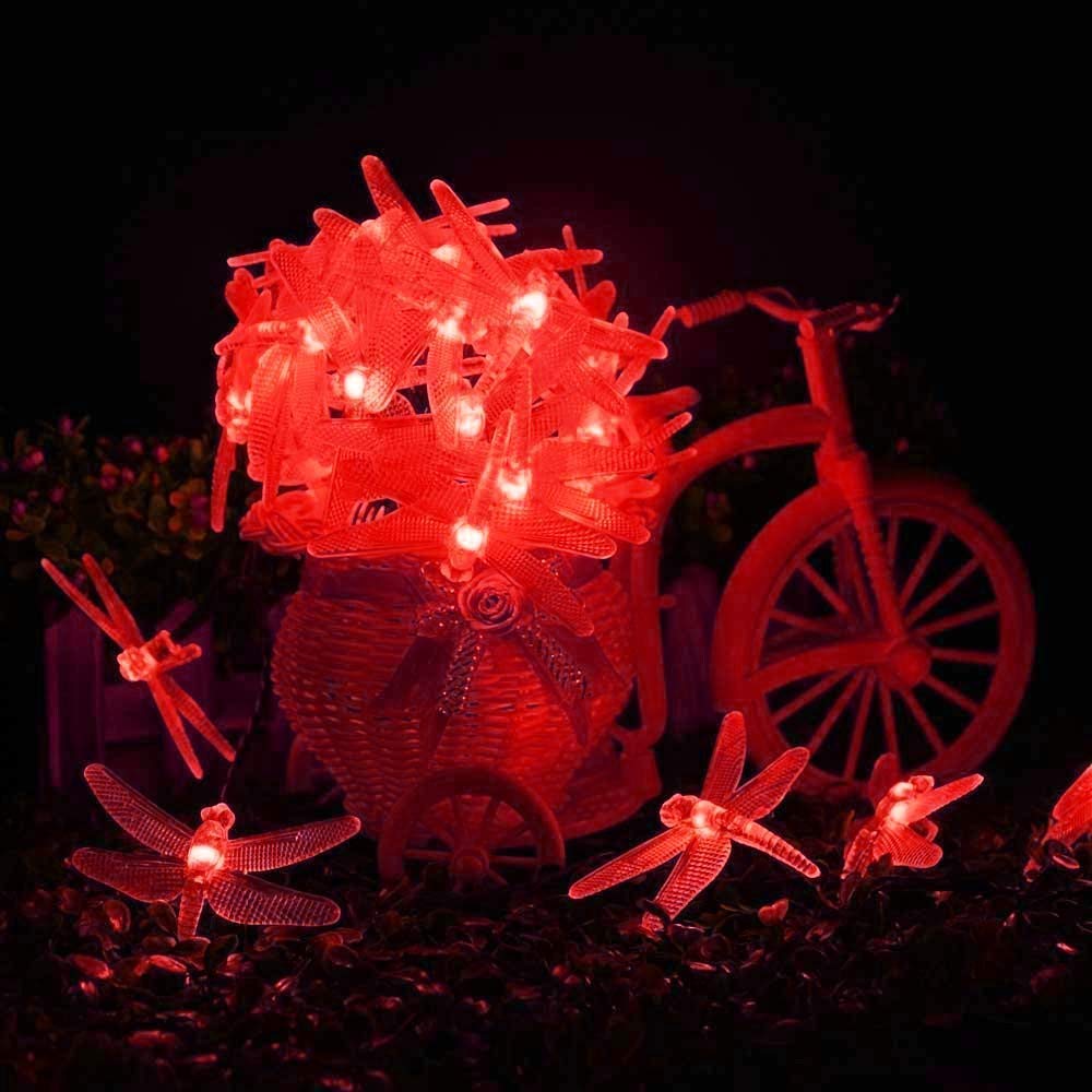 Catena luminosa solare a forma di libellula per esterni con telecomando, 22 m, 200 LED, impermeabili, 8 modalità. (rosso)