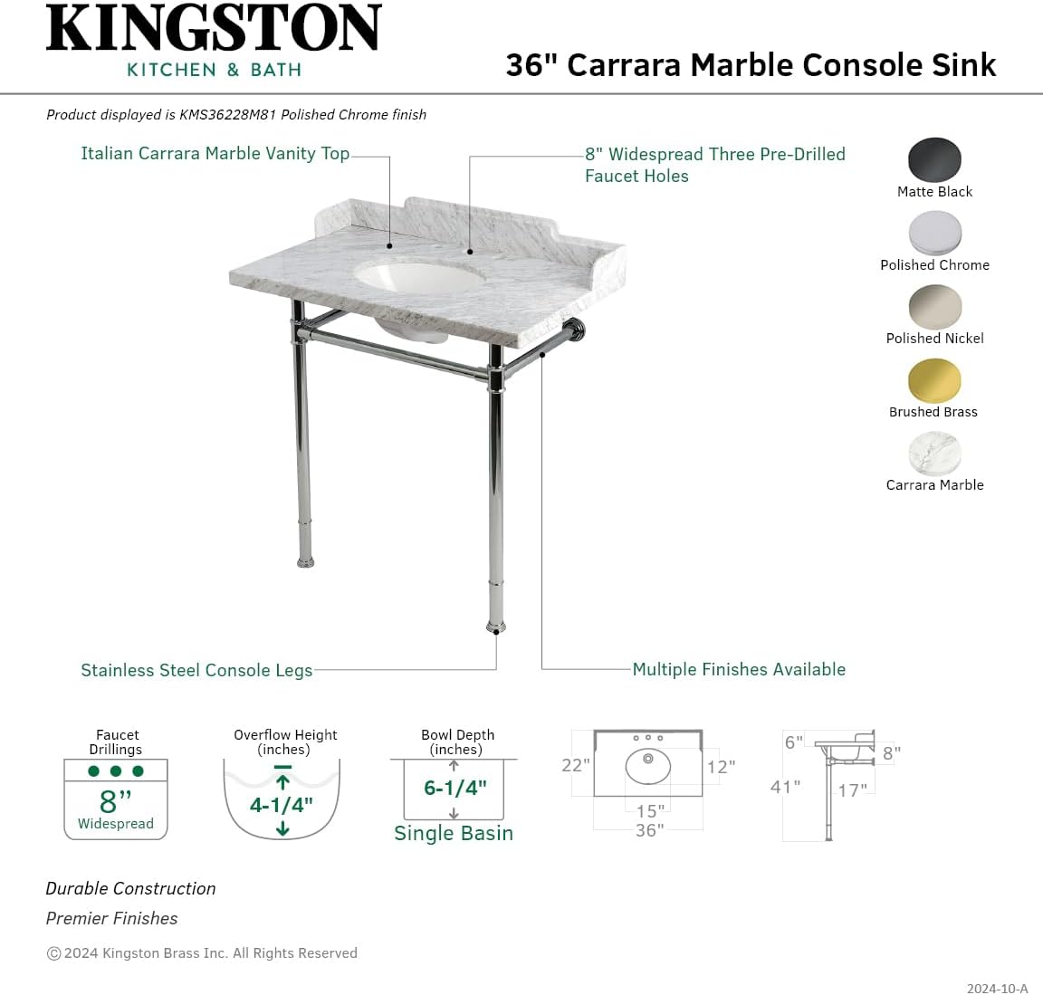 Kingston Brass KMS36228M86 Wesselman 36" Carrara Marble Console Sink with Stainless Steel Legs (8-Inch, 3-Hole), Carrara White/Polished Nickel