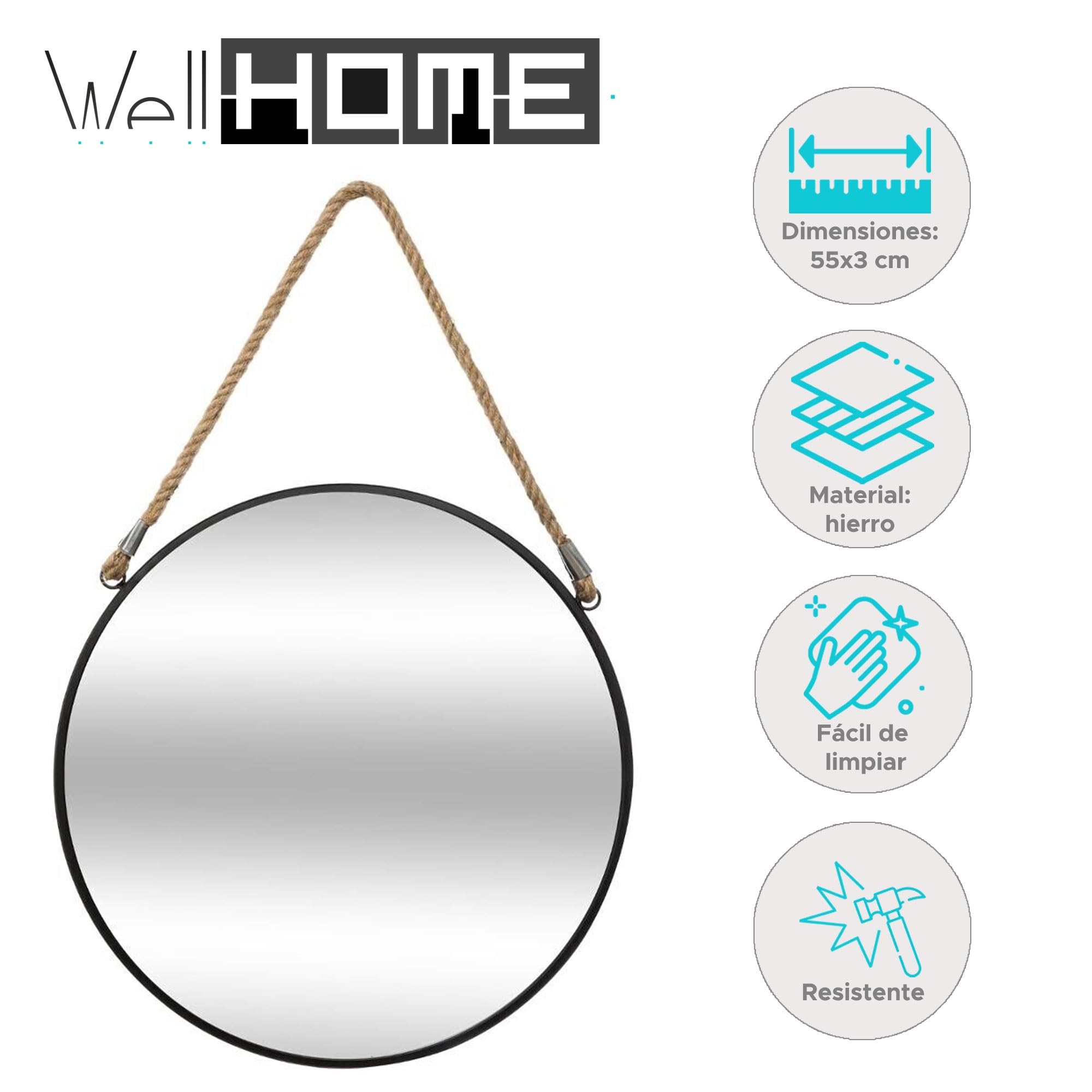 WELL HOME MOBILIARIO & DECORACIÓN Specchio rotondo con corda, in metallo|D. 55 cm