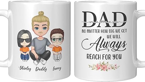 Vista 6 de Taza de café del día del padre para papá de hija e hijo. Taza del mundo con el mejor papá del mundo. Taza divertida con nombre personalizado