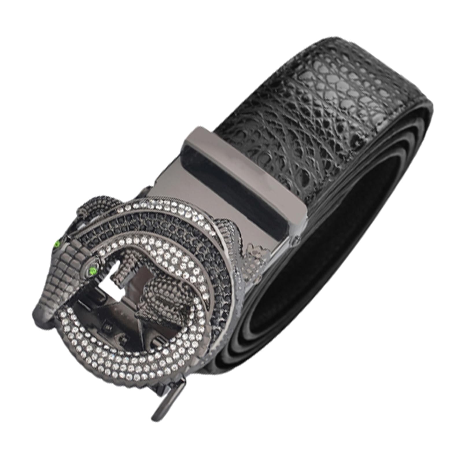 Cinturón De Trinquete Deslizante, Hebilla Tallada Con Diamantes Imitación Animales Plateados, Automática Ajustable, Cintura 120 Cm/41 Pulgadas, Negro