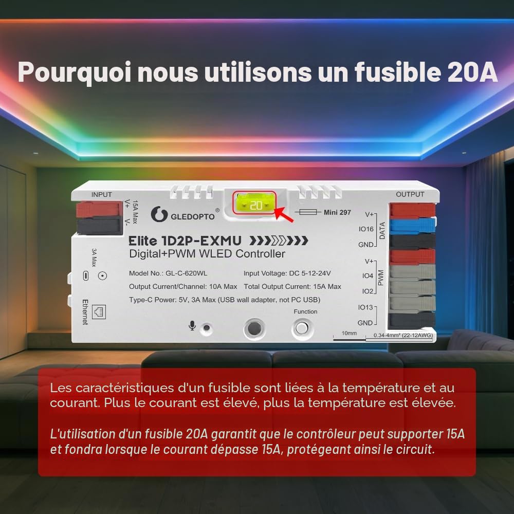 GLEDOPTO Contrôleur LED WLED 2-en-1, 15A Sortie Adressable + PWM CCT, Compatible WS2812B/SK6812, pour Bande LED RGB et Blanc Réglable, WiFi/Ethernet, Application