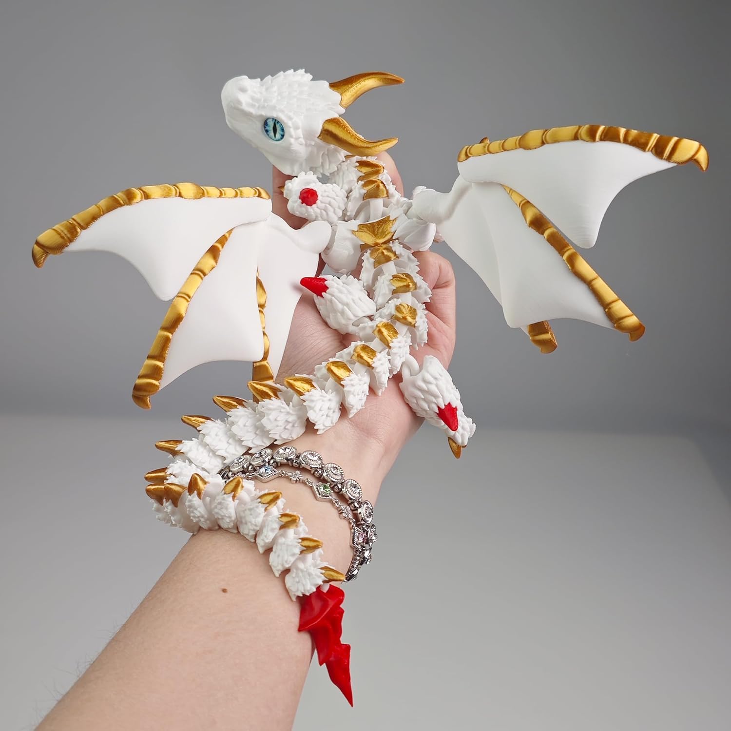 3D Printed Dragon Toys with Eyes, 15.8 inch 3d printed dragon large, Winged Dragon, Bendable and Flexible Big Fidget (White-Gold, L)