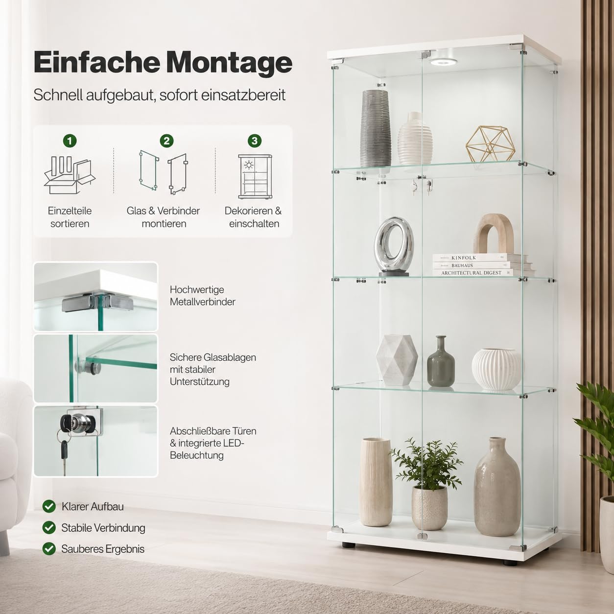Glasvitrine Standvitrine mit Led, Sammlervitrine stehend mit 2 Glastüren abschließbar und 4 Böden Vitrinenschrank Transparente Vitrine Glas für Wohnzimmer Büro Sammlerstücke Bücher Wein (Weiß)