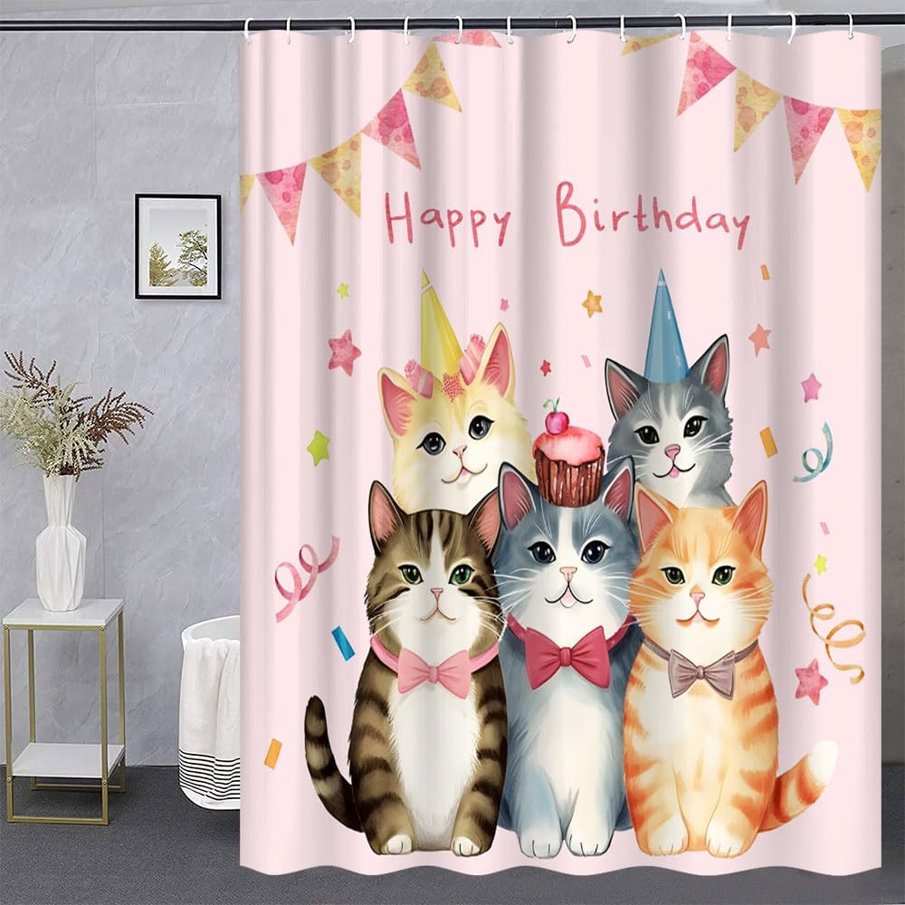Happy Birthday Shower Curtain Cute Cartoon Cat Lovely Pet Cupcake Cone Hat Star Coloured Ribbon Celebration for Girls Woman Bathroom Decor Polyester Fabric Curtains with Hook 70Wx80H Inches