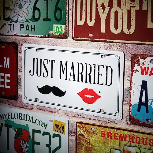 Image of Just Married Multipurpose Metal Signs - License Wall Plate, Decorative Car Tag - Ideal for Cafe, Restaurant, Shop, Home, Hotel, Club, Office, Living Area
