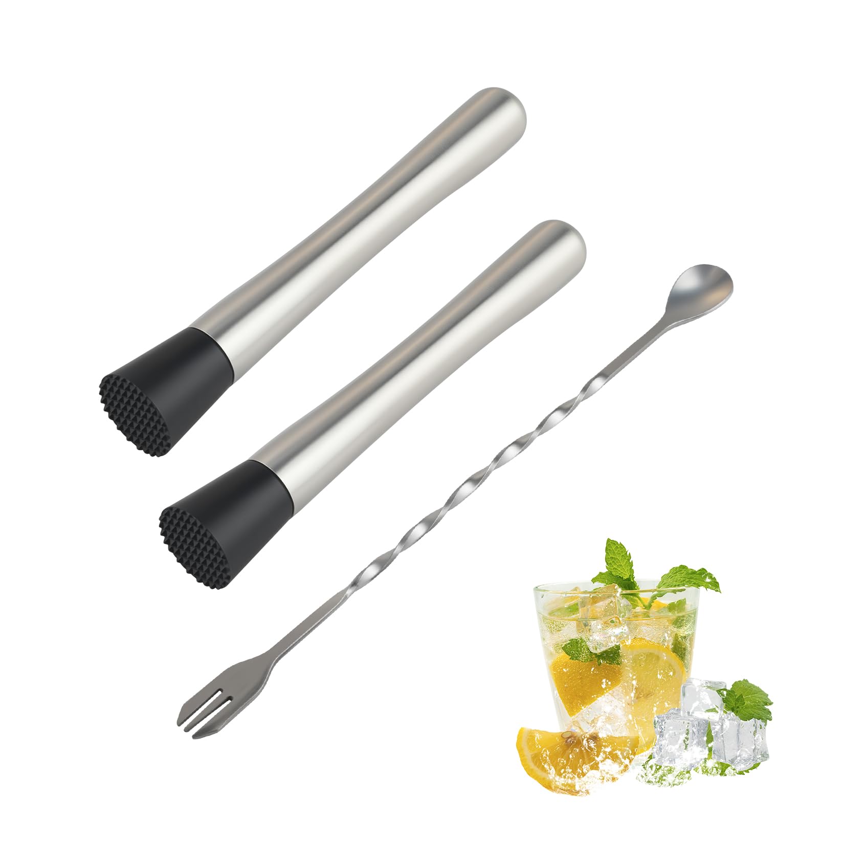 Lote de 2 morteros para cócteles con cuchara de bar, triturador de hielo de acero inoxidable y prensa para mojito – Herramientas de bartending para caipirinha, bebidas y accesorios de bar, accesorios
