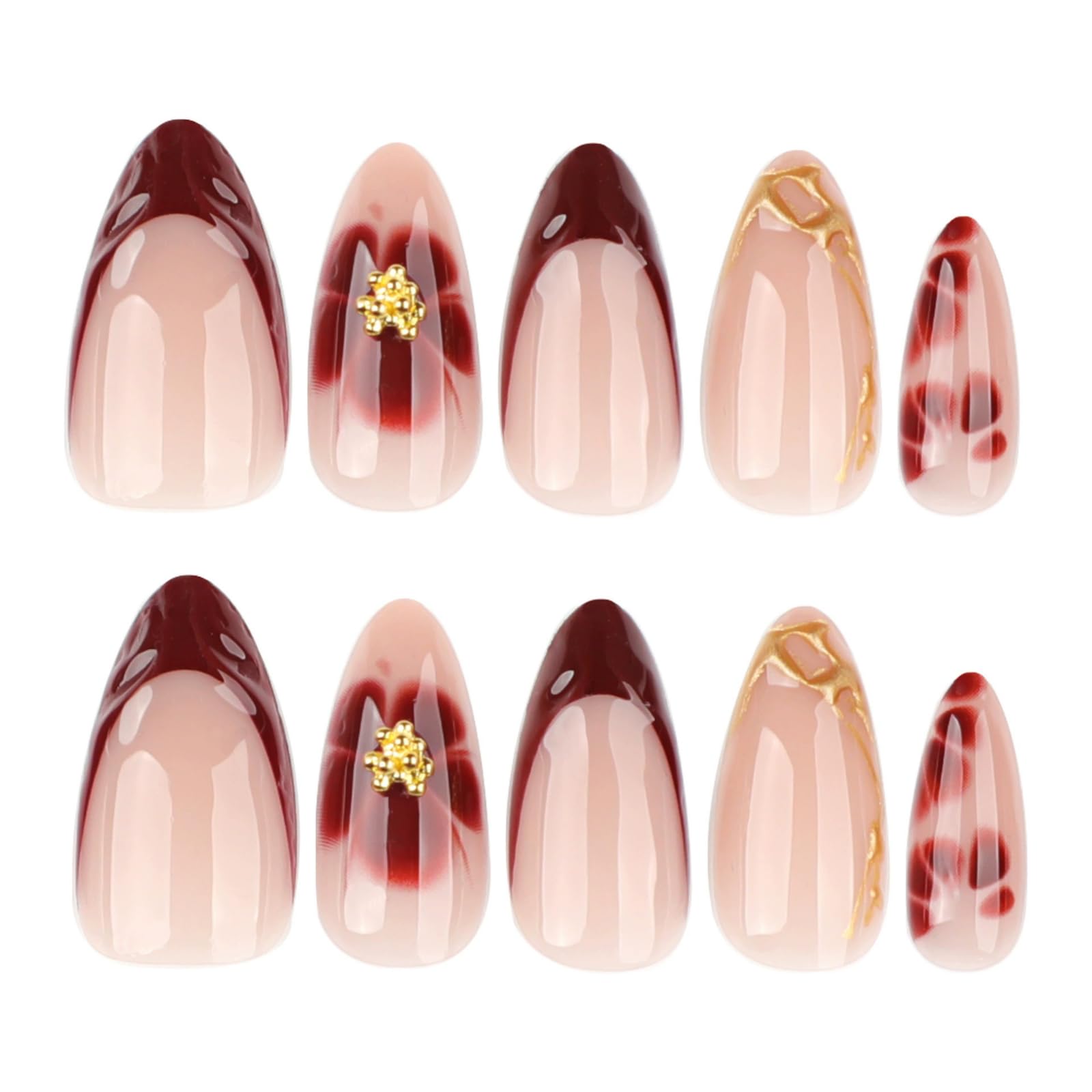 Almond False Nails Burgundy, Short Medium Press On Nails, Oval Wine red gold Fake Nails with Flower - Image 3