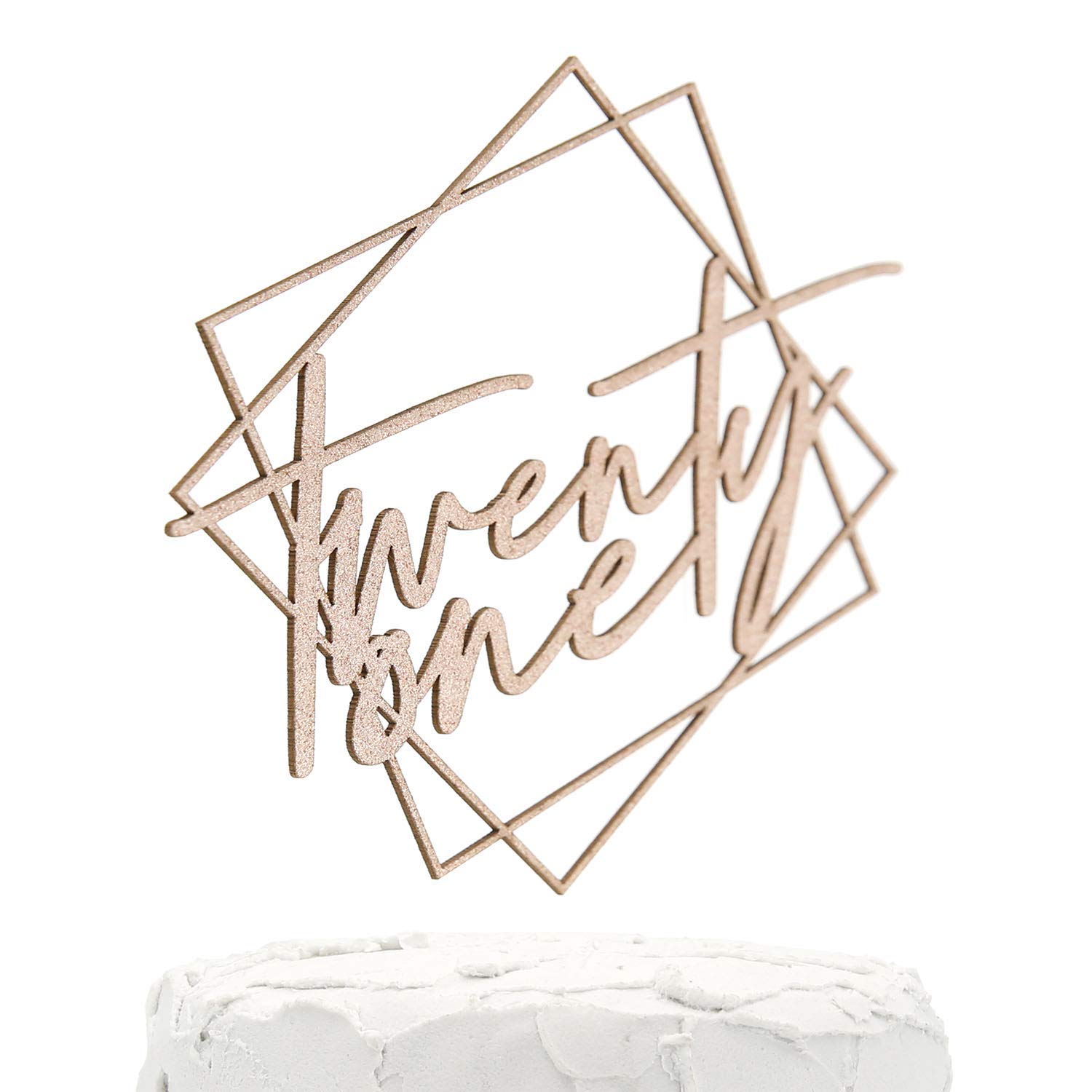 21st Birthday Cake Topper - twenty one - with Modern Geometric Frame - Double Sided Rose Gold Glitter - Premium Quality Made in USA