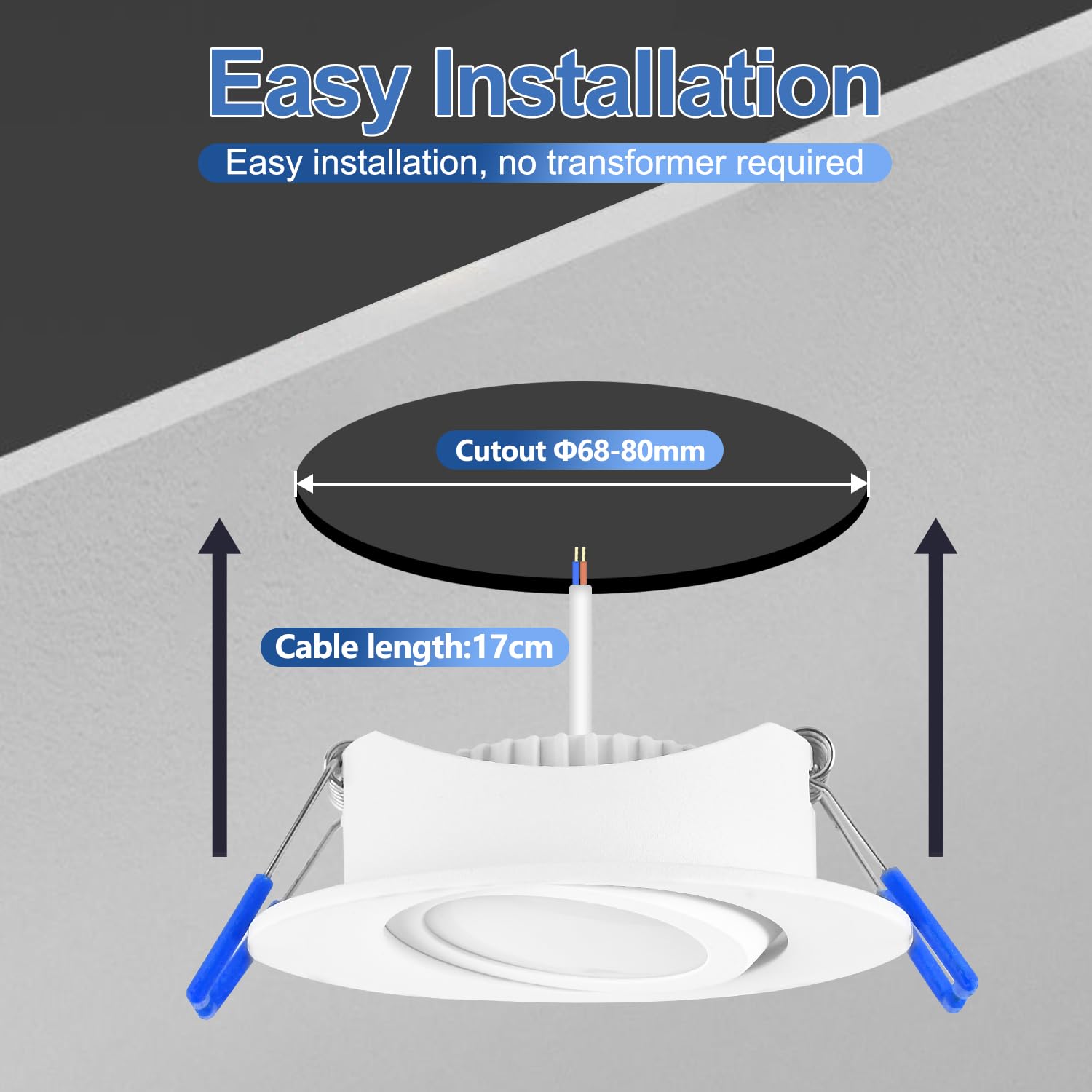 YindaLux Reflektor LED 5 W do zabudowy, płaski, 68 mm, IP44, 3000 K/4000 K/6500 K, oświetlenie punktowe do łazienki, możliwe ściemnianie, obracane sufitowe