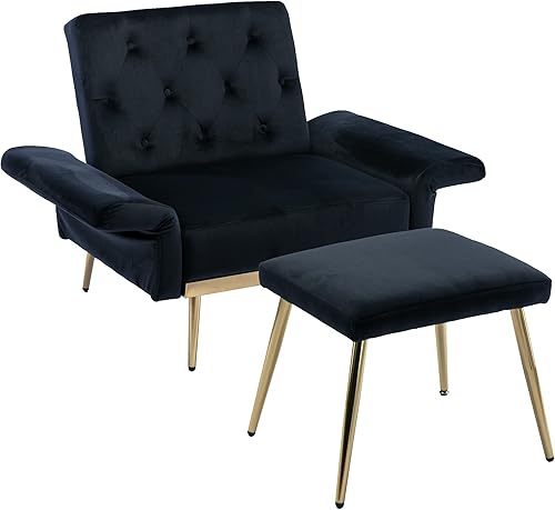 Miniatura 8 de Silla decorativa de terciopelo con reposabrazos y respaldo ajustables, silla de descanso con botones, sillón reclinable individual con otomana