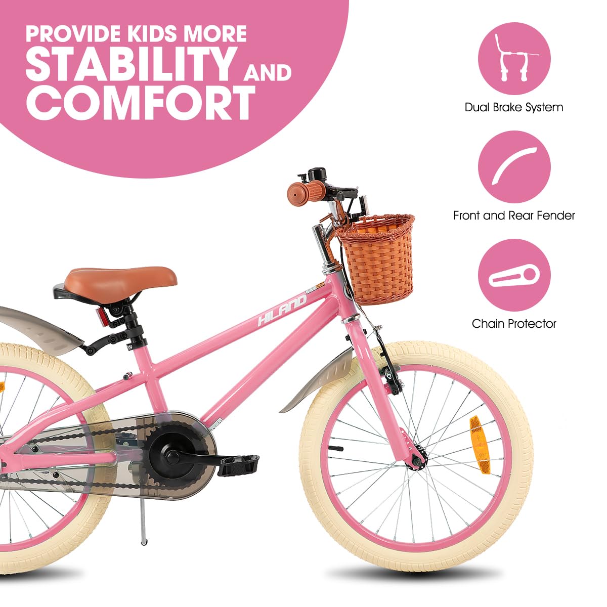 HILAND 14 16 Inch Boys and Girls Bike for Toddlers and Kids Ages 3-7 Years Old, Kids Bike with Training Wheels Basket Pink