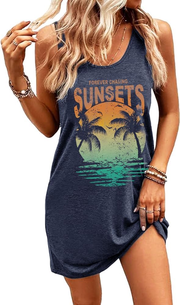 Summer Tank Dress Women Casual Vacation Sundress Coconut Tree Graphic