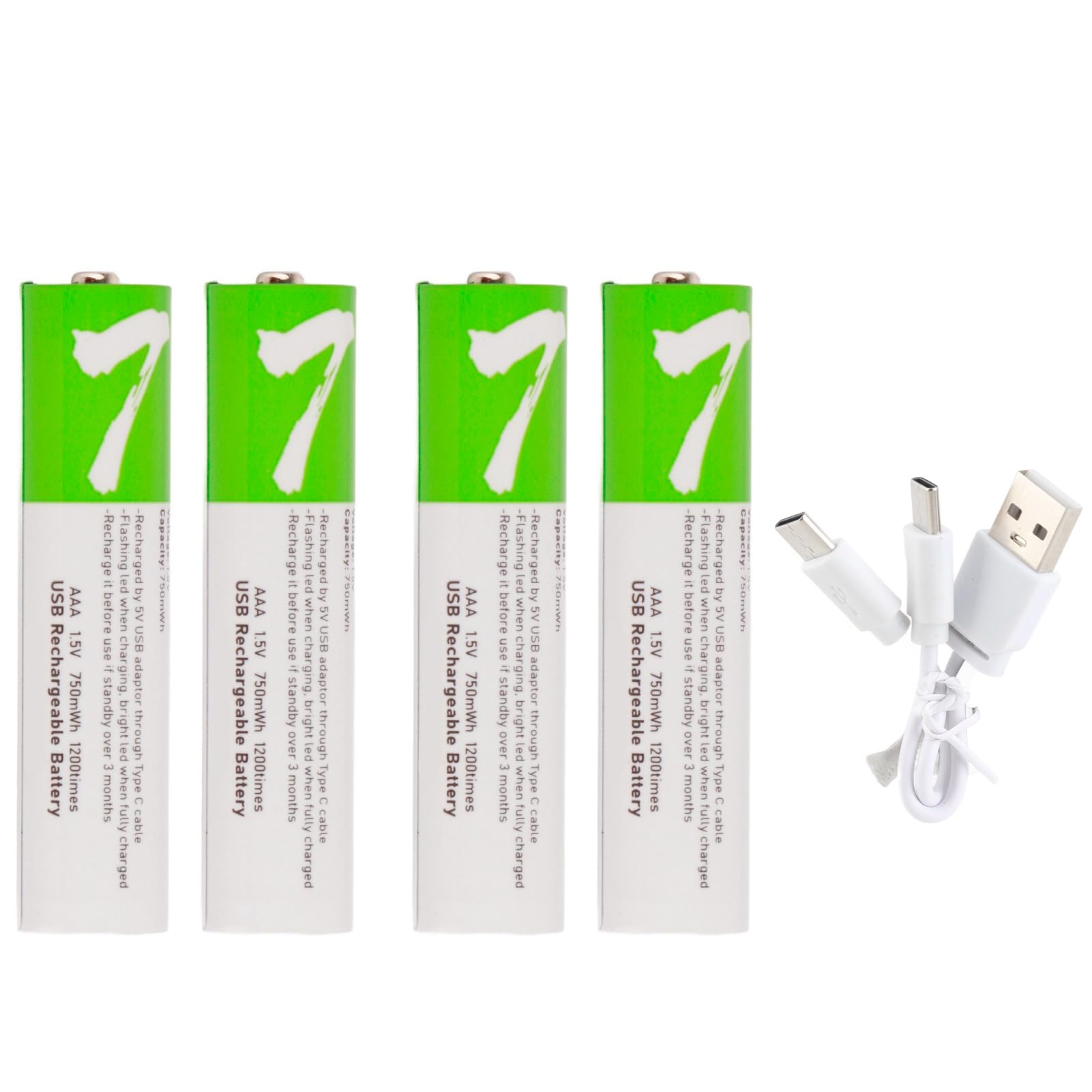 WOHPNLE 4PCS 1.5V Lithium Rechargeable Battery, 750mah High Capacity AAA Batteries USB Battery with LED Indicator for Remote Control, Flashlight, Toys