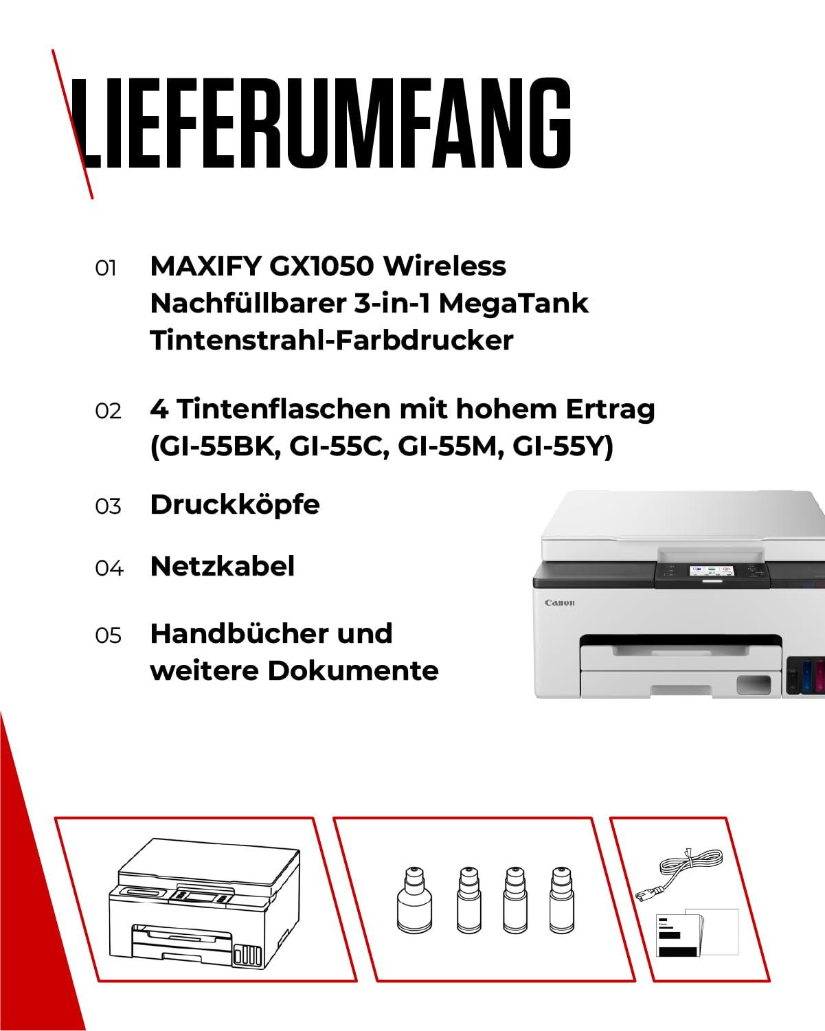 Canon MAXIFY GX1050 Tintenstrahldrucker 3-in-1 Multifunktionsdrucker MegaTank (Drucker, Scanner, Kopierer, WLAN, Cloud, Duplexdruck, 250 Blatt Kassette, Hohe Druckgeschwindigkeit, Tintentank) weiß