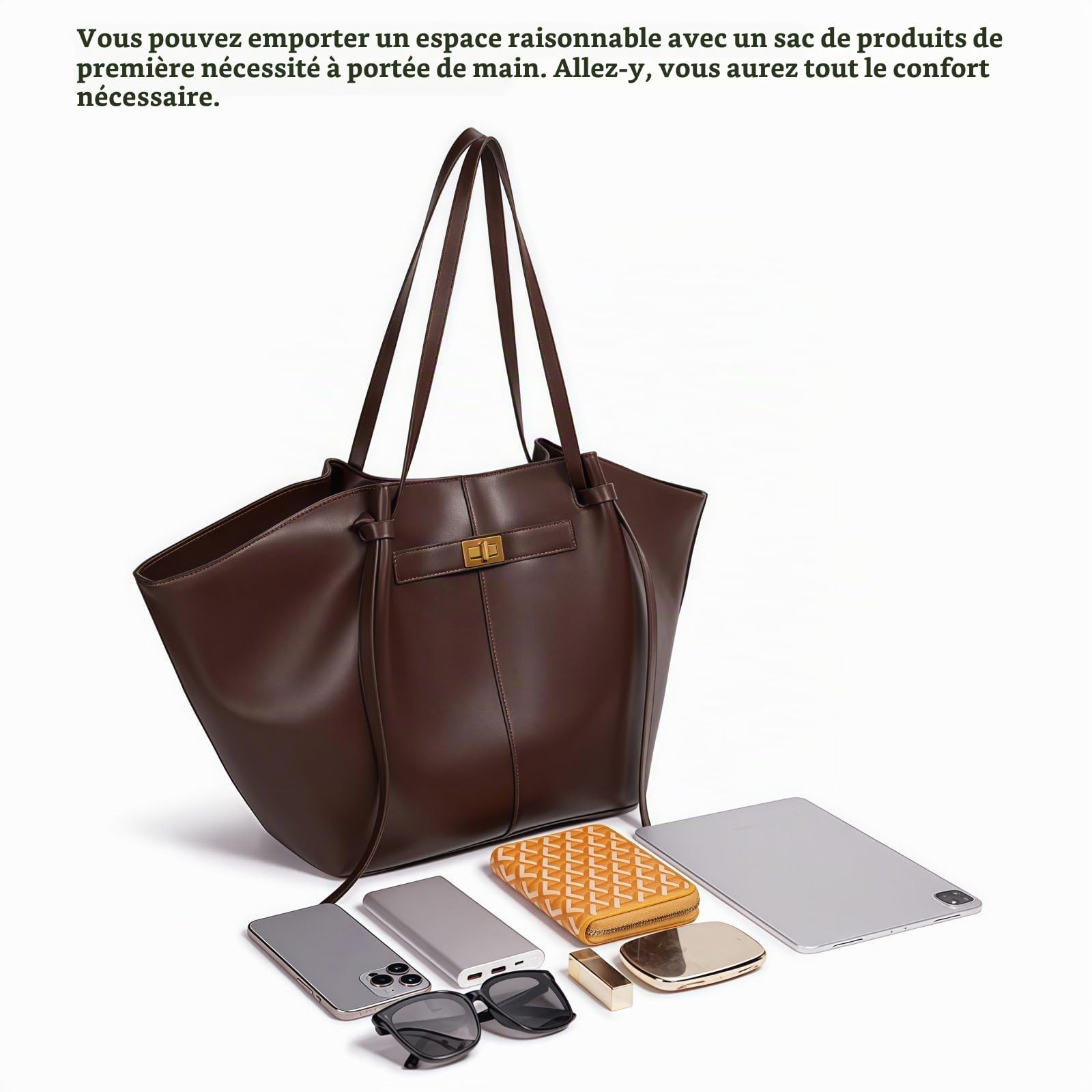 Générique Sac Fourre Tout en Cuir pour Femme, Sac à Main Élégant avec Bandoulière Amovible, Sac Cabas Polyvalent pour Travail, Voyage, Shopping, Cours et Lycée