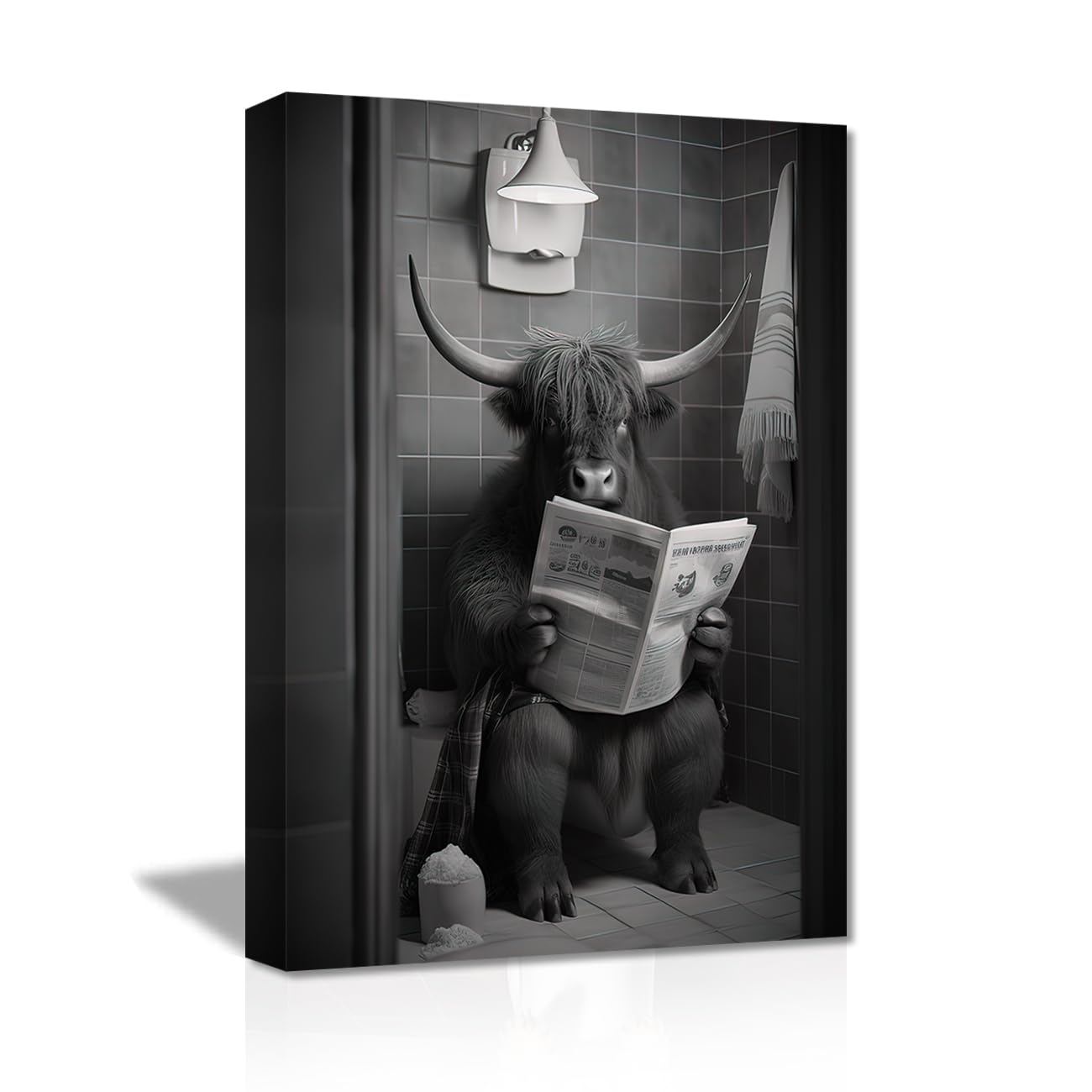 LZIMU Funny Bathroom Wall Decor Cute Highland Cow Sitting on Toilet Reading Newspaper Canvas Prints Black and White Animals Posters Framed (Bathroom-7, 12"x18" (30.00 x 45.00 cms)) โ image 1