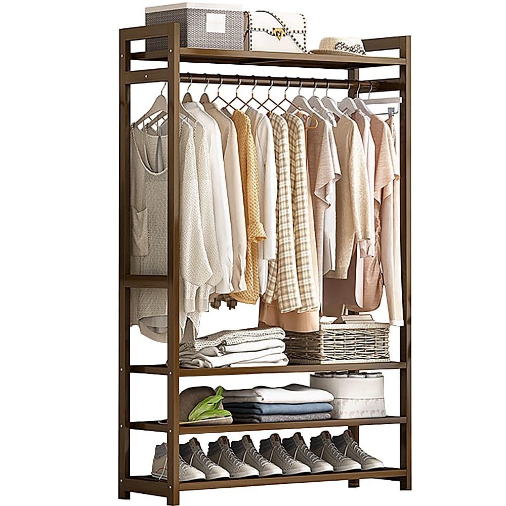 XDLEDMKIZ Bamboo Coat Rack with Storage Shelves and Garment Hanger Freestanding Clothes Stand for Bedroom and Entryway