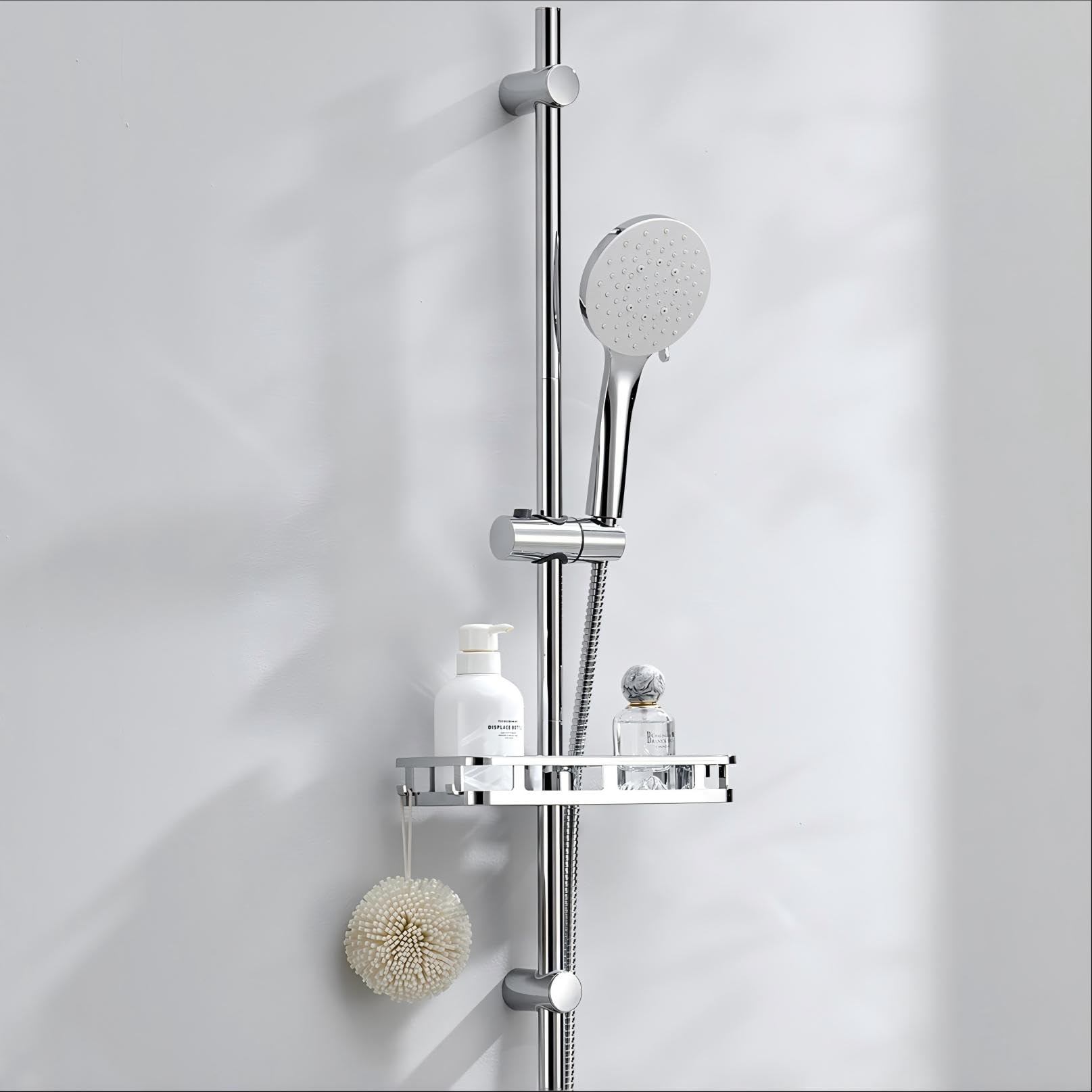 Auralum Duschgarnitur mit Duschstange 90cm Edelstahl mit Ablage ohne Bohren & 6-Funktionen Duschkopf mit Schlauch,Verstellbare Brausestange Duschbrause Set,Handbrause Komplettset,Chrom