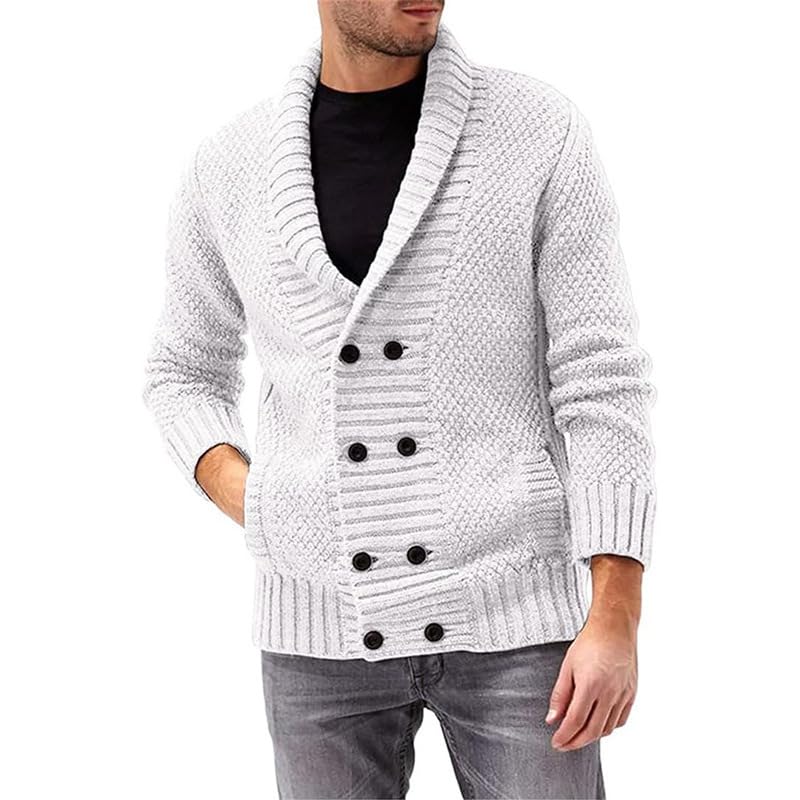 bifanxi Men's Double-Breasted Lapel Cardigan Sweater with Long Sleeves for Autumn and Winter | White | 3XL-picture-3
