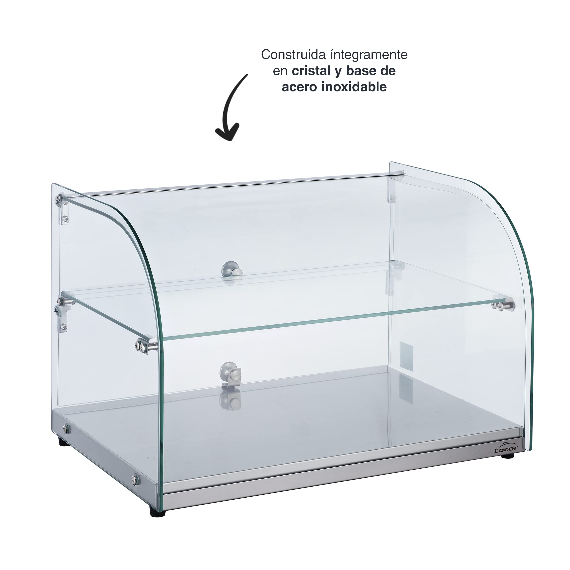 LACOR 69601 Neutra de Cristal, Expositor de Alimentos, Panera, Vitrina para Pasteles, Base de Acero Inoxidable, 55,4x37,6x37 cm, 45L, Transparente
